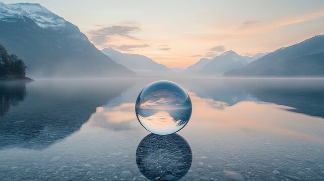 9. A tranquil lake scene seen through a clear glass ball, with still waters mirroring the surrounding mountains, and the soft light of dawn breaking through the mist