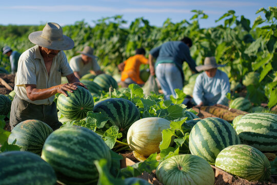 Farmers working on a sunny watermelon field, checking the ripe fruits and collecting them in paraguay