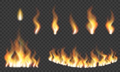 Realistic fire set. Red fiery flames for used on dark illustrations.