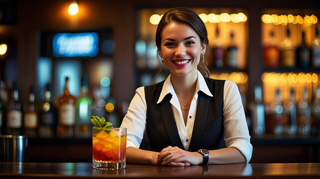 Bartender smiling while leaning on bar counter in restaurant