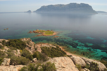 Veduta della costa di Olbia, tra Poltu Abe e Capo Ceraso, sullo sfondo l'isola di Tavolara