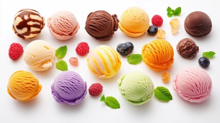 Obraz premium A delightful assortment of colorful ice creams arranged with fresh berries and mint leaves, ideal for enjoying on a warm day