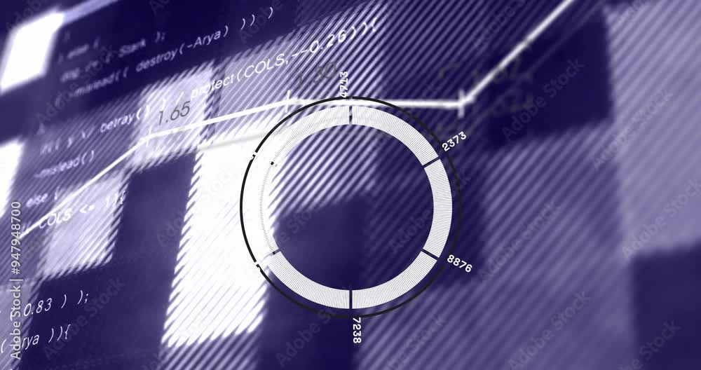 Poster circular data visualization animation over computer code and graphs