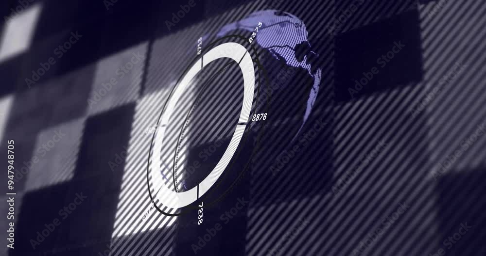 Poster rotating globe with data points and circular graph animation over dark background