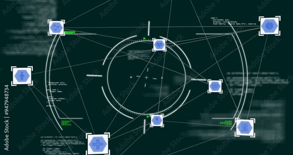 Poster targeting system animation with geometric shapes and data processing over dark background