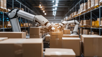 Robotic arms efficiently sorting and handling packages in a high-tech warehouse, showcasing the future of logistics and automation in the supply chain industry.