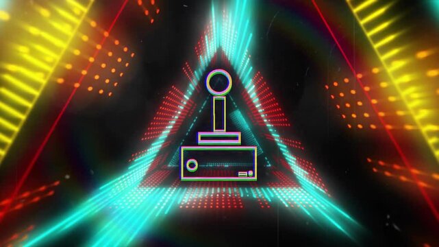 Retro joystick and console animation over neon triangle and light effects