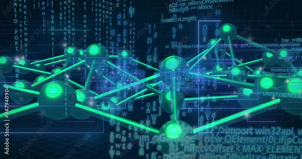 Poster network of connections and data processing animation over binary coding background