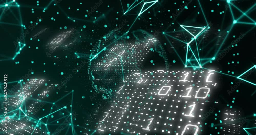 Poster binary code and digital network connections animation over abstract globe