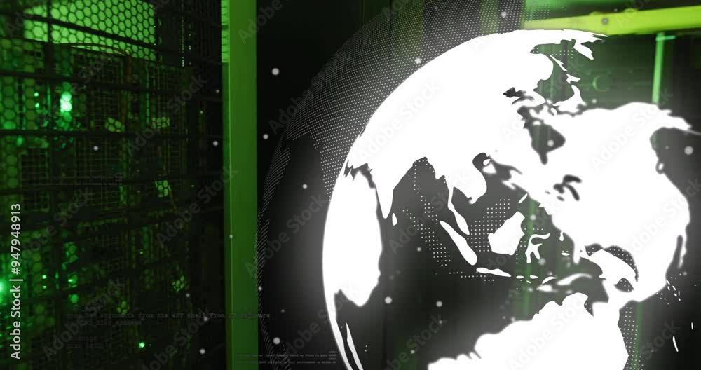 Poster rotating globe and data processing animation over green and black background