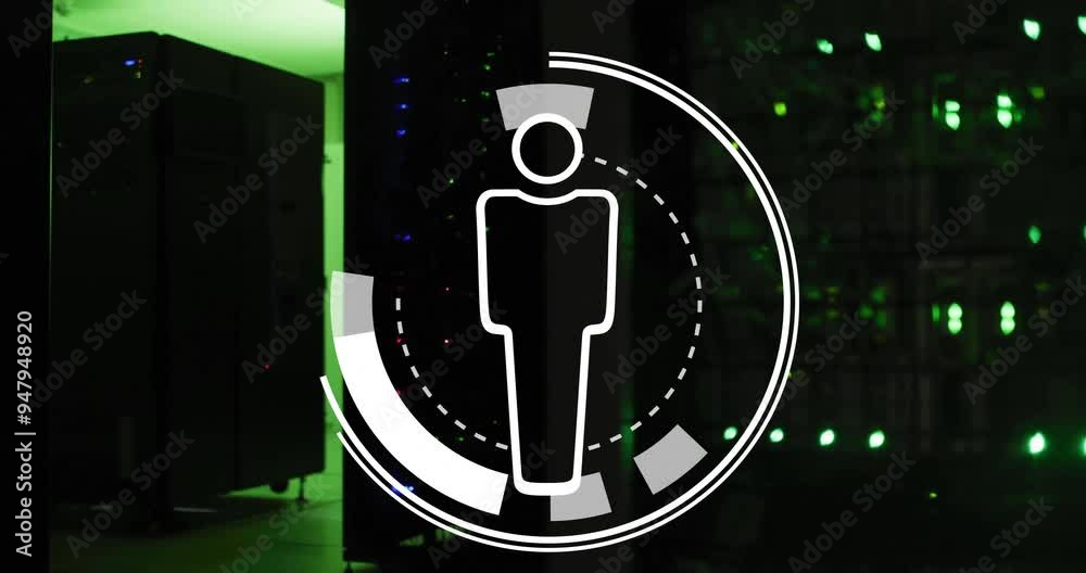 Poster human figure icon animation over server room with green lights