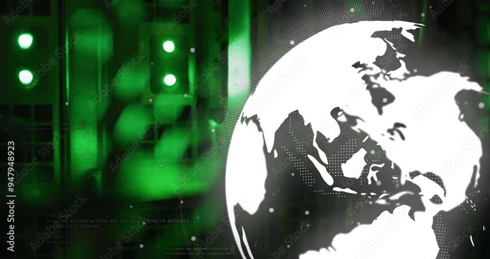 Poster globe with digital data processing animation over green abstract background