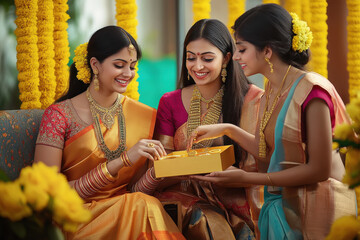 Three happy Indian women in sarees looking at the box of gold jewelry