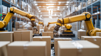 Yellow robotic arms operating in a state-of-the-art warehouse, highlighting the role of automation in modern logistics and industrial processes.