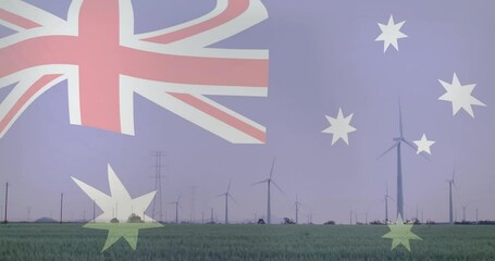 Australian flag animation over wind turbines in green field - Powered by Adobe
