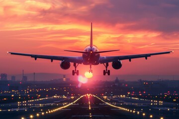 Passenger airplane is landing on the airport runway with the city in the background during a beautiful sunset
