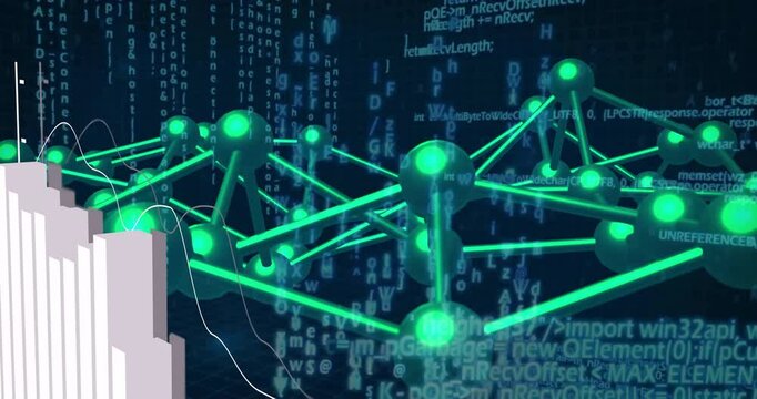 Network of connections and data processing animation over digital code background