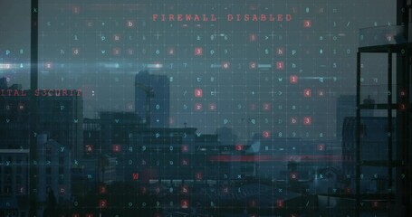 Cybersecurity threat detection animation over cityscape with warning messages - Powered by Adobe