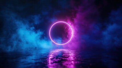 Surreal neon circle light in misty environment with a vibrant pink and blue color scheme, reflected on calm water surface.