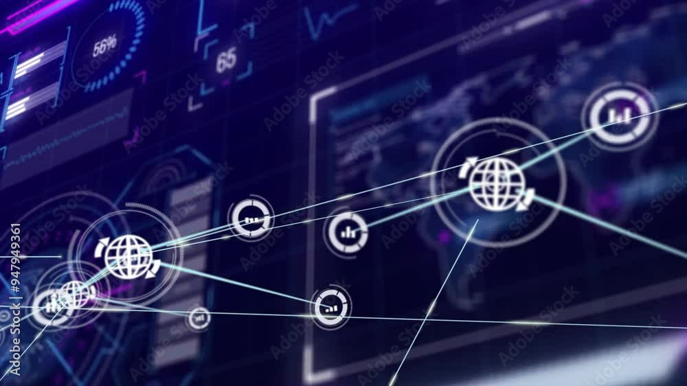 Poster network connections and data processing animation over digital screens and graphs
