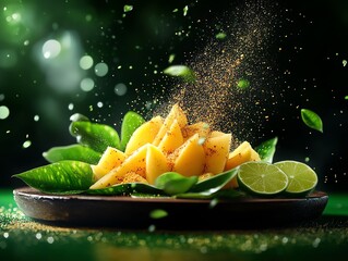 Bright yellow slices of papaya arranged on a leaf platter, with lime wedges and a sprinkle of chili powder for an exotic touch