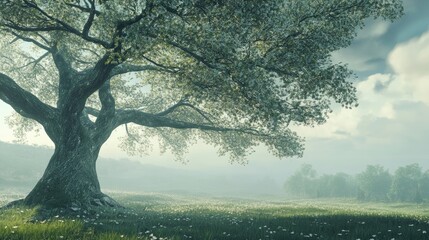 Serene rest area featuring a large tree with delicate branches, captured in different moments against a realistic backdrop
