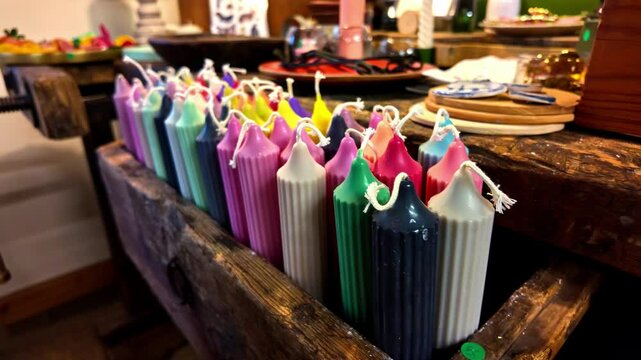 Colorful pencil-shaped candles piled up inside a container