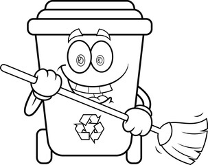 Outlined Recycle Trash Bin Cartoon Character Cleaning With Broom. Vector Hand Drawn Illustration Isolated On Transparent Background