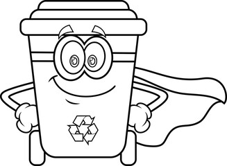 Outlined Recycle Trash Bin Cartoon Character SuperHero. Vector Hand Drawn Illustration Isolated On Transparent Background