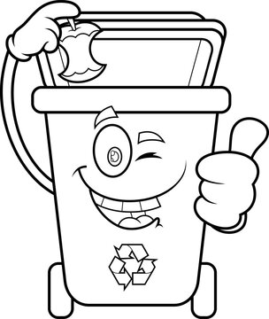 recommend clip art: Outlined Recycle Trash Bin Cartoon Character Throws Apple Stump And Giving The Thumbs Up. Vector Hand Drawn Illustration Isolated On Transparent Background
