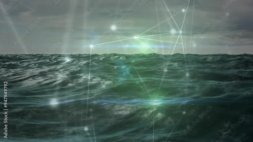 Poster network of connections and data processing animation over ocean waves