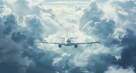 Fototapeta premium Airliner Soaring Amongst Clouds. Aeroplane in the Sky, Travel and Flight Concept