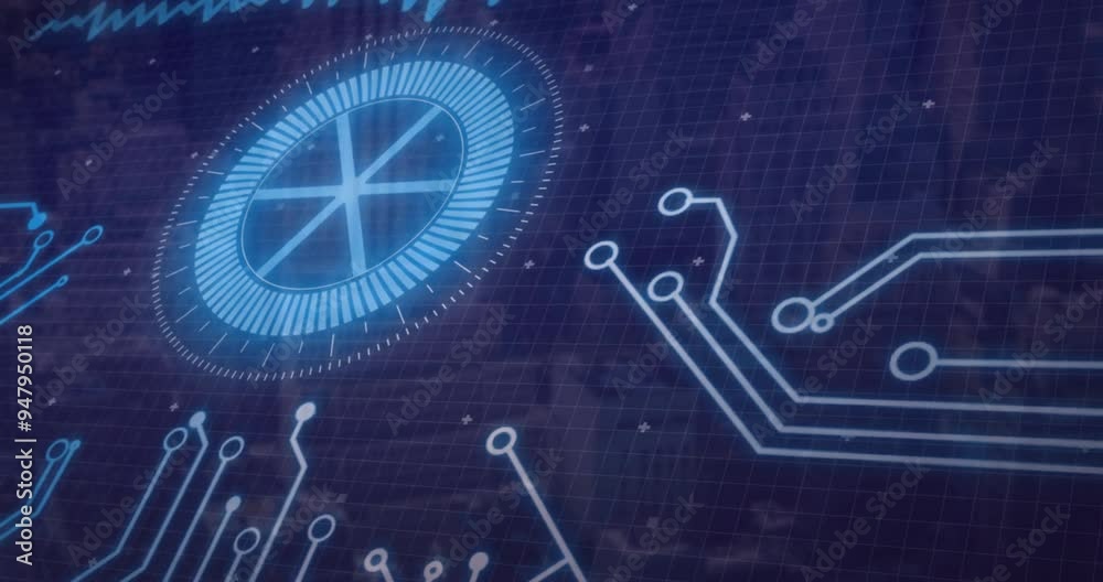 Poster digital circuit board and futuristic interface animation over grid background