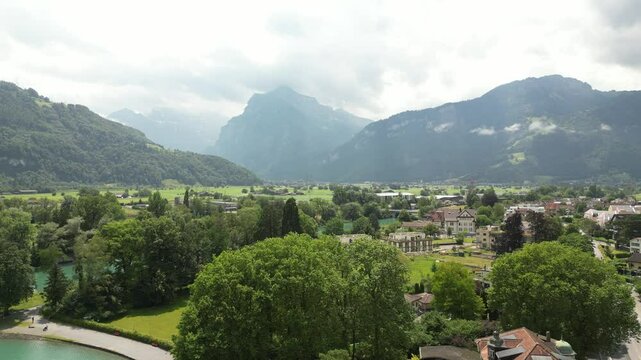 Wessen LInth, Switzerland mountain village holiday resort, aerial drone landscape