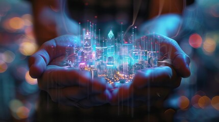 Digital Cityscape Illuminated by Fiber Optic Wires Hands Holding Future of Technology
