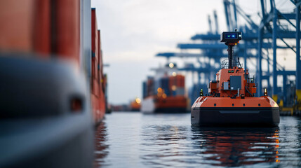 An autonomous vessel efficiently operating in a busy port, demonstrating the future of unmanned maritime operations and smart logistics in shipping industries.