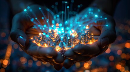 Digital Cityscape Illuminated by Fiber Optic Wires Hands Holding Future of Technology