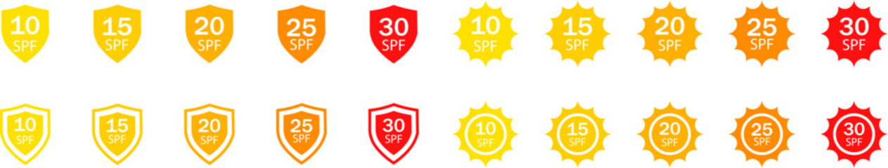 Spf sun protection factor icons or uv protection signs isolated on white background. Vector illustration