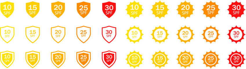 Spf sun protection factor icons. Collection of SPF and UV sun protection labels or signs,Vector illustration