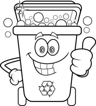 recommend clip art: Outlined Recycle Trash Bin Cartoon Character Cleaning And Giving The Thumbs Up. Vector Hand Drawn Illustration Isolated On Transparent Background
