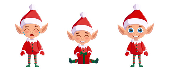 A set of Christmas elves. Santa's assistant. A set of cute characters with gifts in a Santa hat. A festive elf highlighted on a white background.