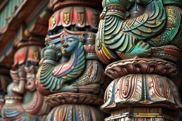 Obraz premium Ancient Hindu Temple Architecture: Closeup of Colorful Bas-Relief Column Decorations in Meenakshi