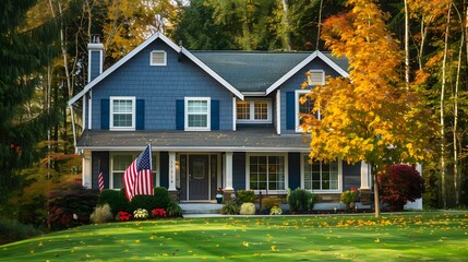 American Dream Home: A picturesque two-story house with a vibrant blue exterior, boasting a lush green lawn, colorful autumn foliage, and an American flag waving proudly, evokes a sense of peace and p