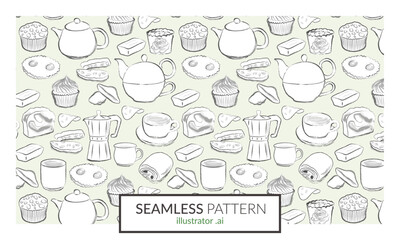 Motif répétitif composé de dessins à la main vintage sur le thème salon de thé, théière et machine à café, madeleines et pain au chocolat, gourmandises sucrées et viennoiseries de la boulangerie