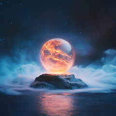 A glowing ball is on top of a rock in a dark, cloudy sky. The ball is surrounded by a misty atmosphere, giving the scene a mysterious and otherworldly feel
