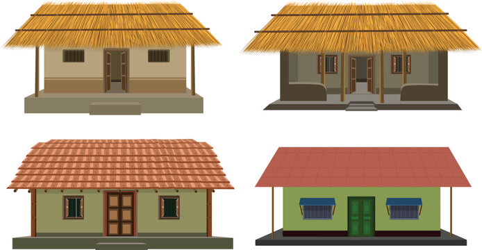 Vector house collection - Set of village hut designs in front view. Flat design illustration