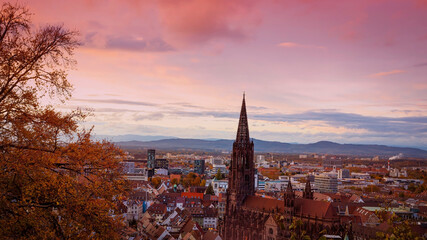 Obraz premium The landscape view of autumn trees historic buildings at the famous old town of Freiburg im Breisgau ,Germany