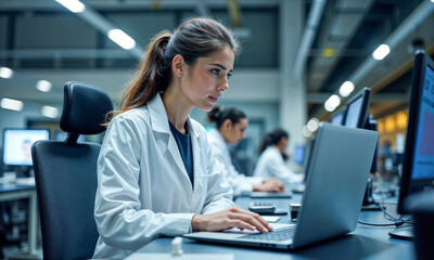 Research scientist in lab coat is focused on her laptop, typing intently while seated at a desk. The contemporary laboratory is busy with colleagues engaged in various research activities around her