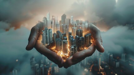 Digital Cityscape Futuristic Hands Holding Pixelated Buildings in Virtual Reality