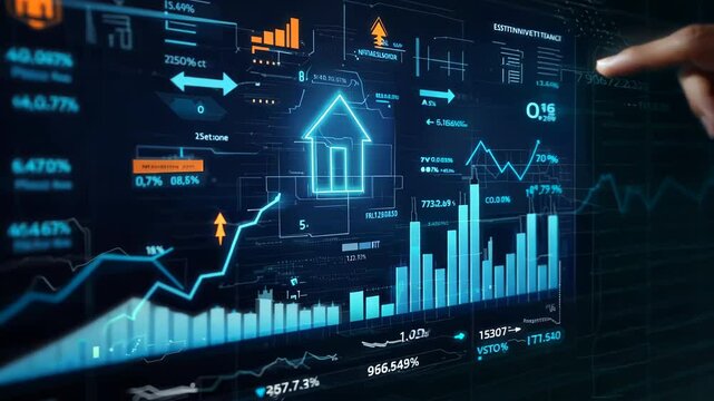 Hand interacts with holographic real estate data visualization. Glowing house icon and rising arrows amid digital charts in dark environment. 